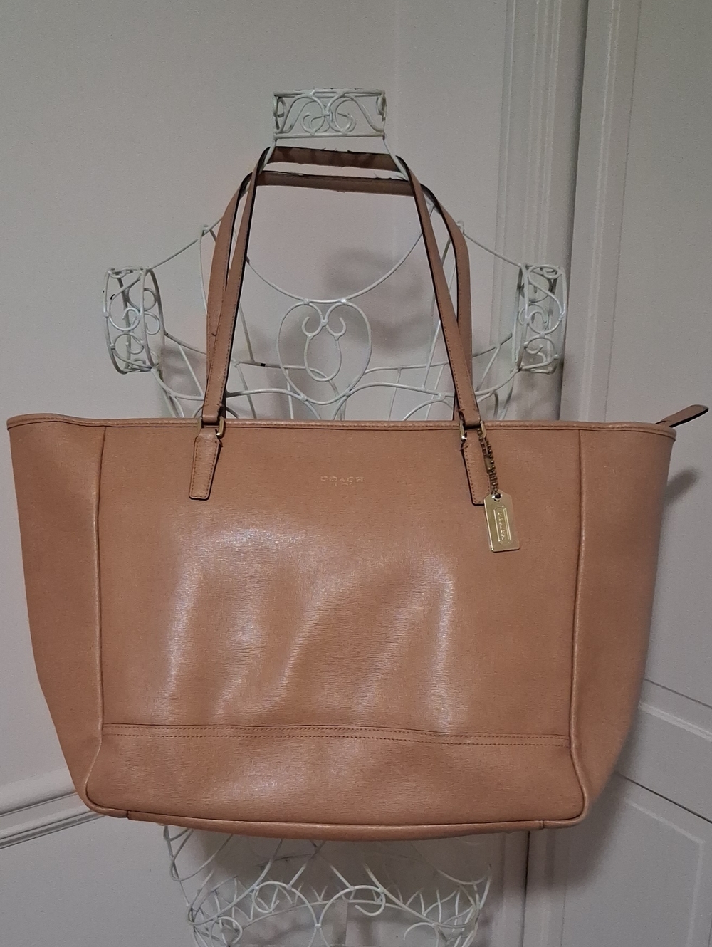 Coach Beige/Tan Leather Tote with Gold Tag
